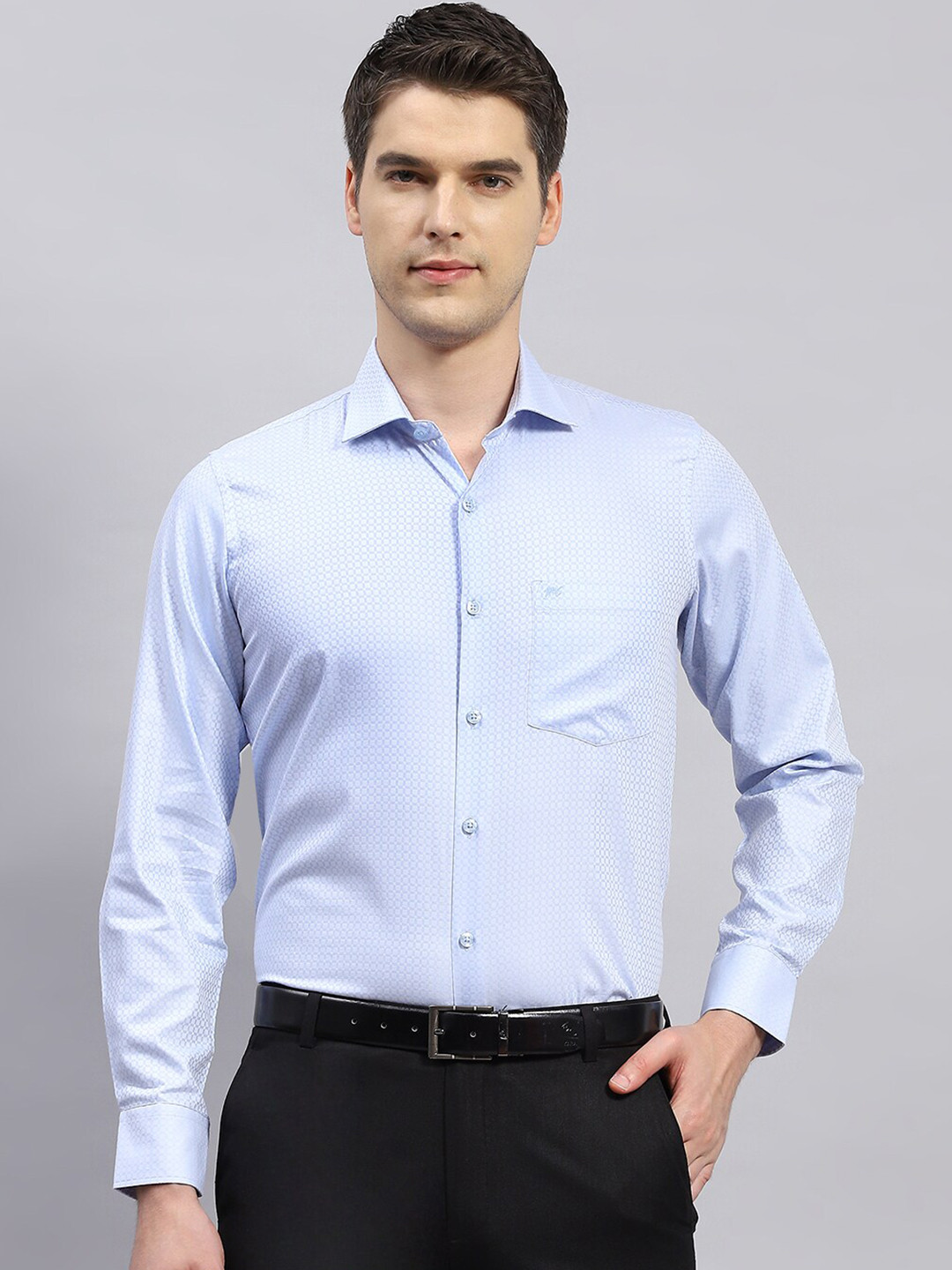 Men's Blue Comfort Self Design Spread Collar Cotton Casual Shirt