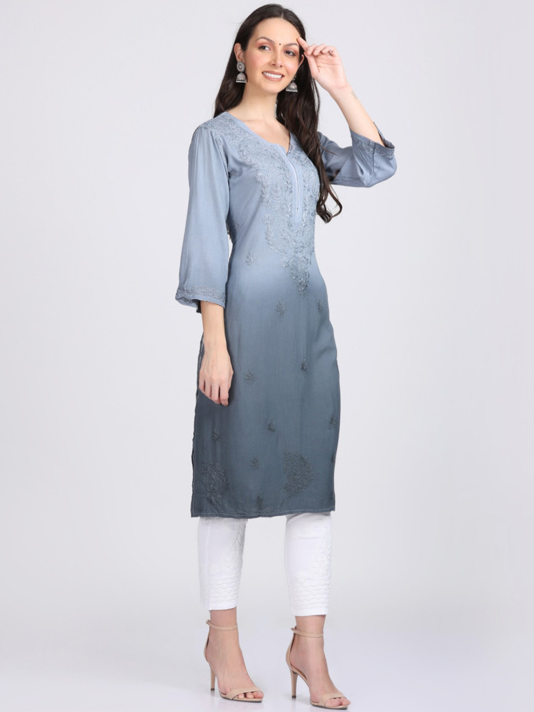 Chikankari Embroidered V-Neck Kurta & Trousers With Dupatta