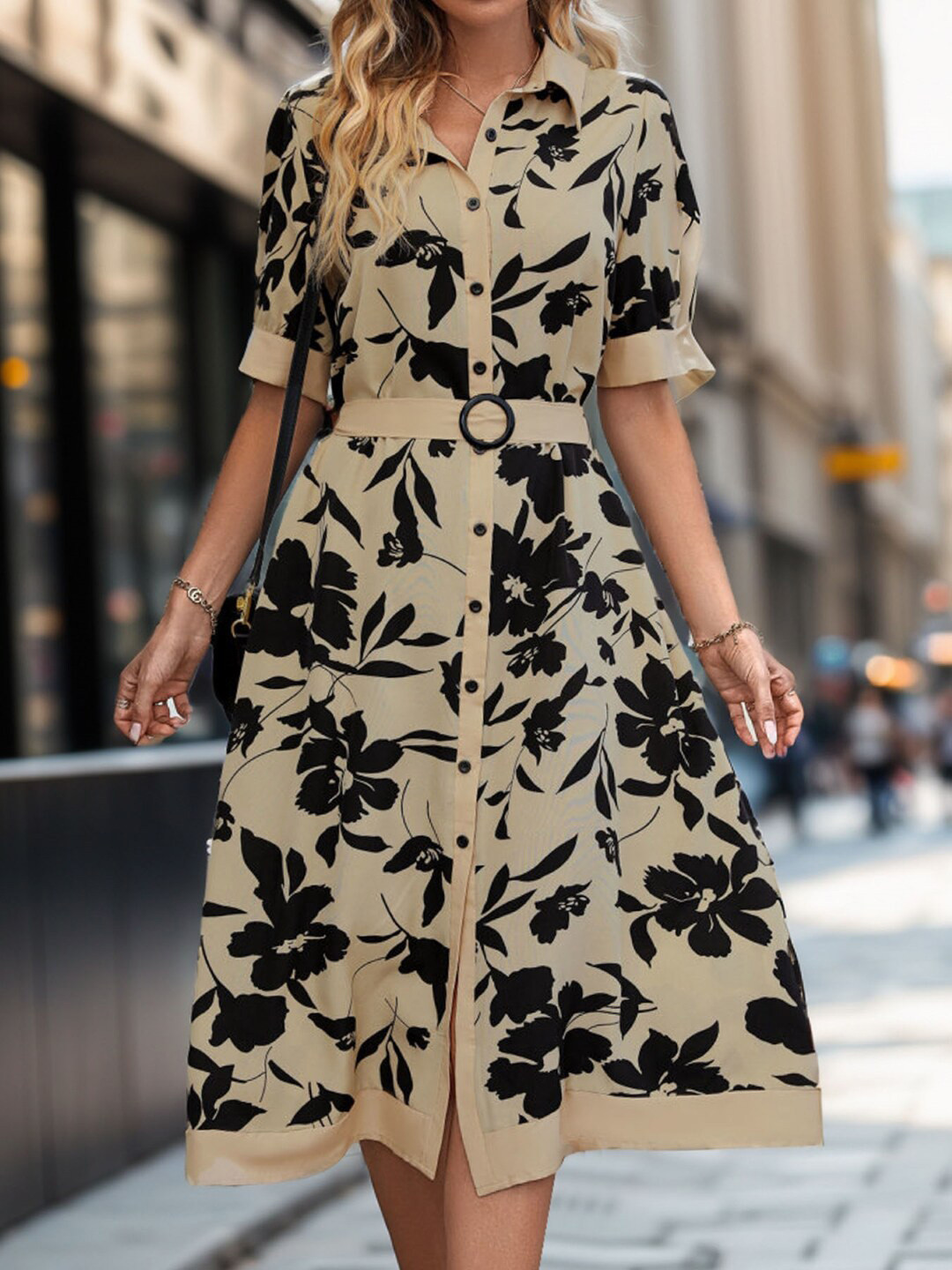 Beige Abstract Print Half Sleeve Black Midi Shirt Dress