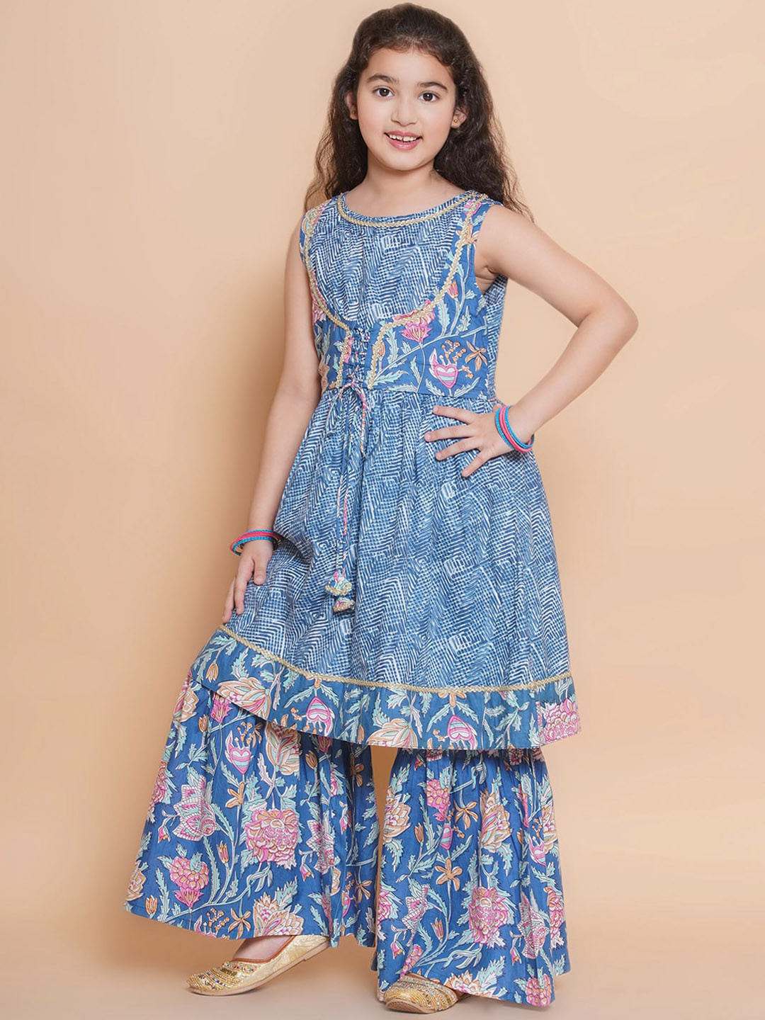 Girls Floral Printed Gotta Patti Pure Cotton Kurta With Sharara