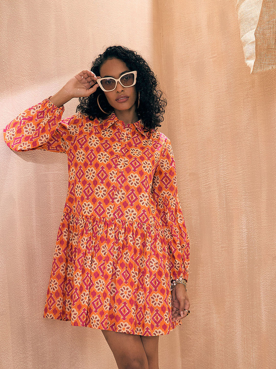 Buy Pink Paprika By SASSAFRAS Ikat Printed Cuffed Sleeves Cotton Fit And Flare Dress Dresses