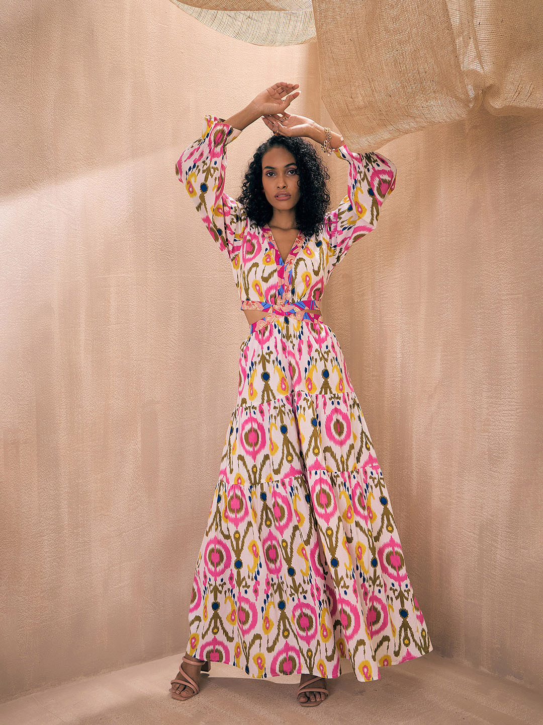 Buy Pink Paprika By SASSAFRAS Ikat Print Puff Sleeves Cut Outs Maxi Fit And Flare Dress