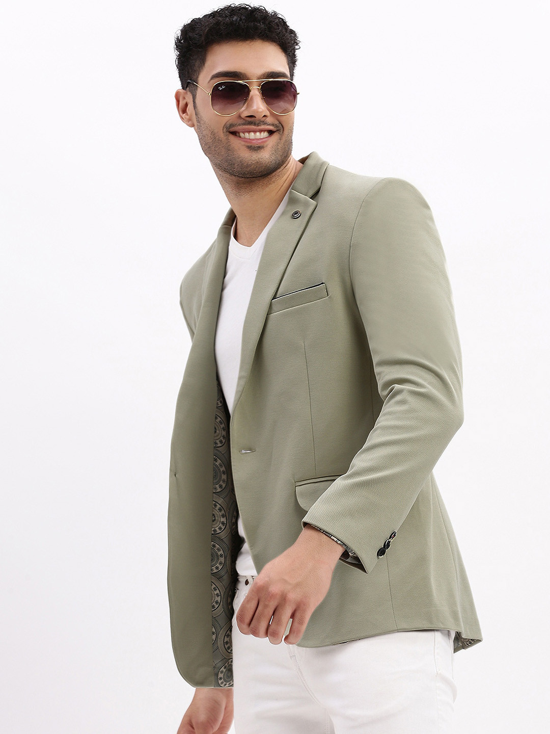 Men's Sea Green Notched Lapel Collar Cotton Slim-Fit Single-Breasted Blazer