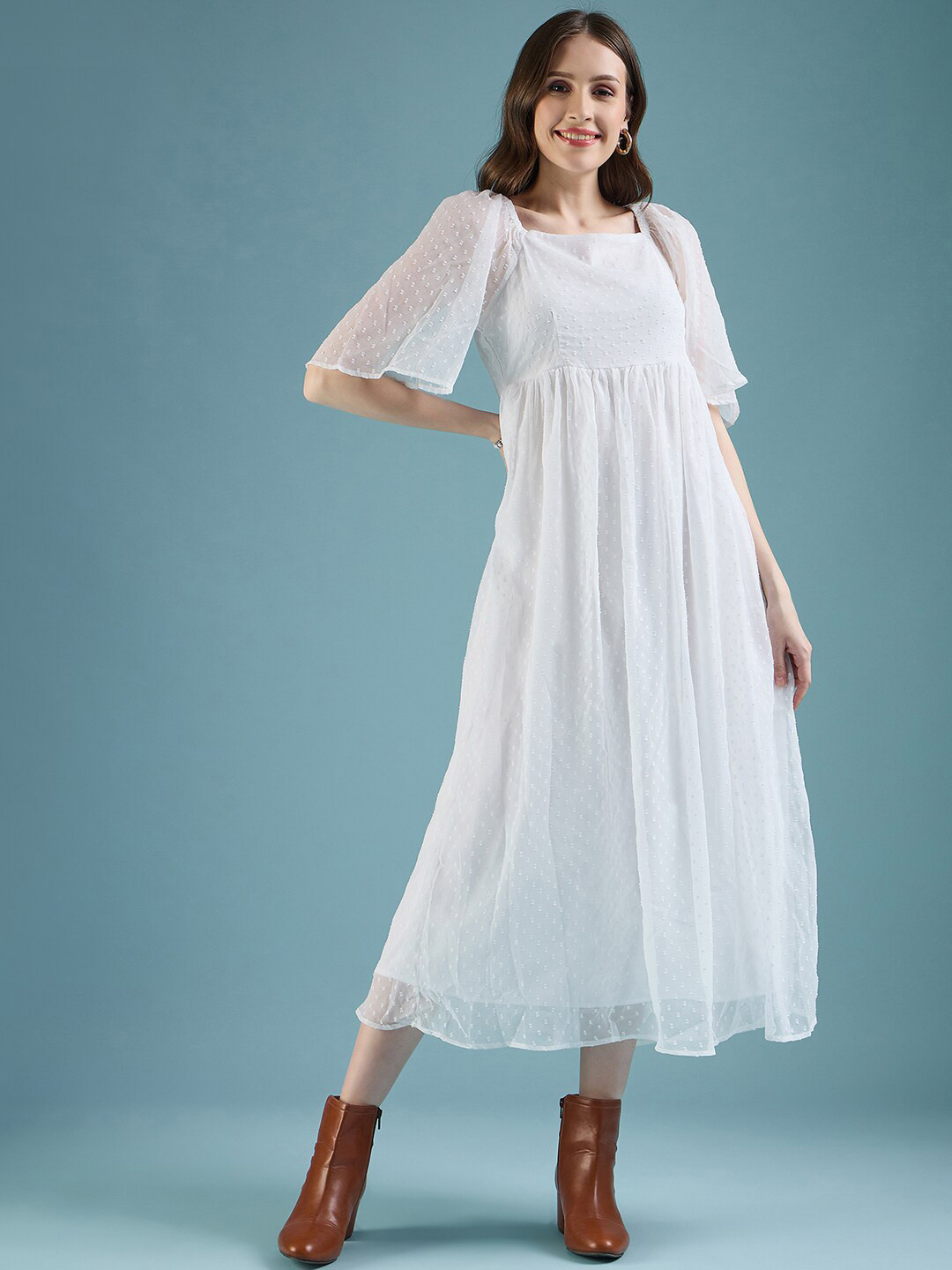 Buy DressBerry White Self Design Flared Sleeve Chiffon Empire Midi ...