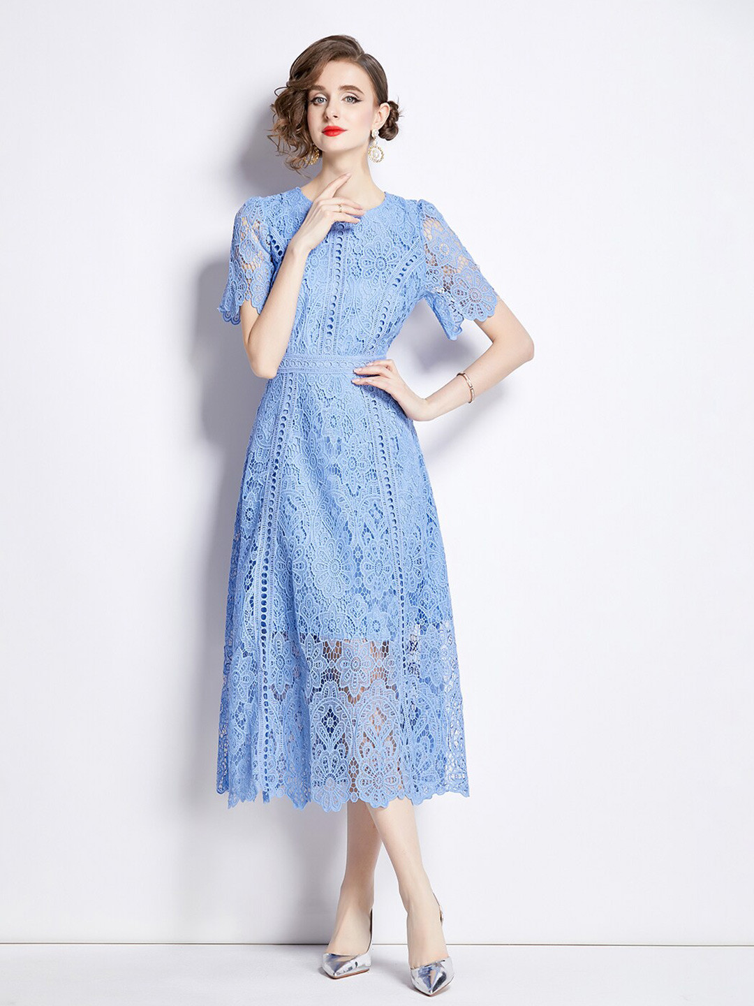 Buy JC Collection Floral Self Design Schiffli Detail Fit And Flare Midi ...