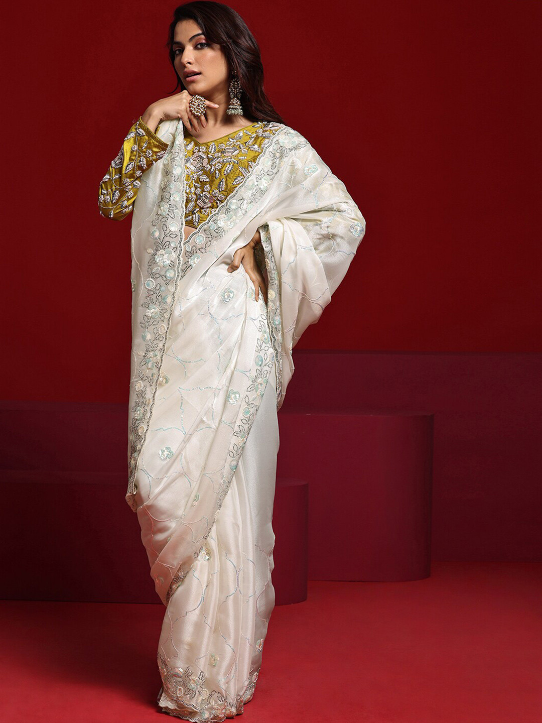 Libas Art Beige Embellished Tissue Saree With Unstitched Blouse Piece