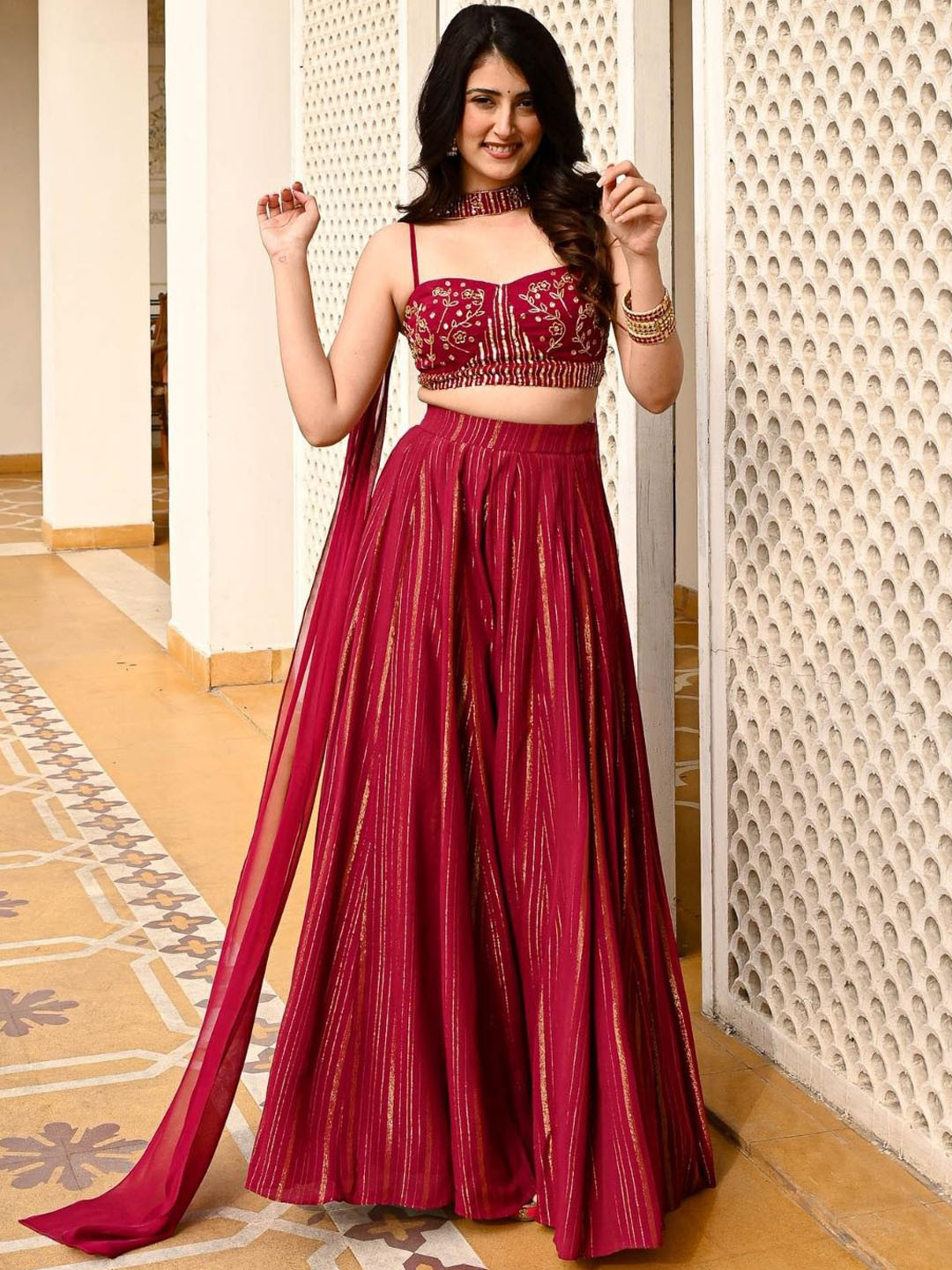 Women's Straight Sequinned Shoulder Strap Purple Kurti with Palazzos