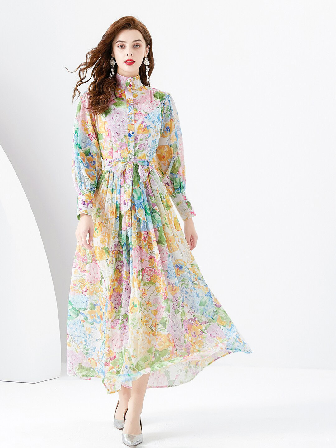 1310443 Red Flower Detail Collar Maxi Dress