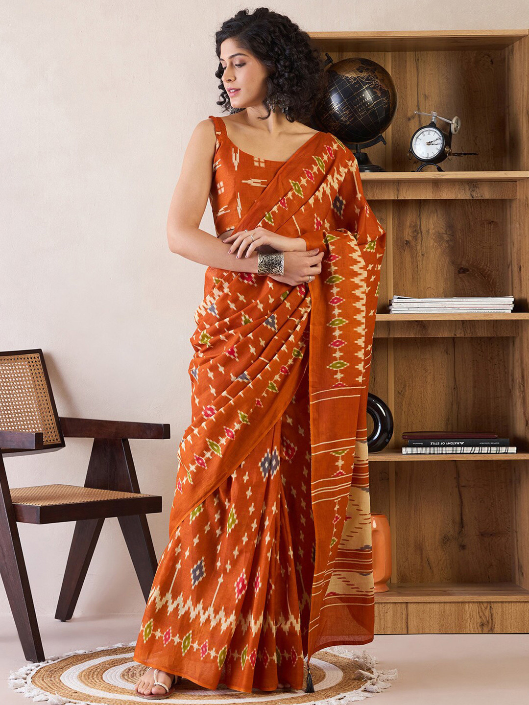 Ethnic Motifs Poly Cotton Ikat Ready to Wear Saree main image 1