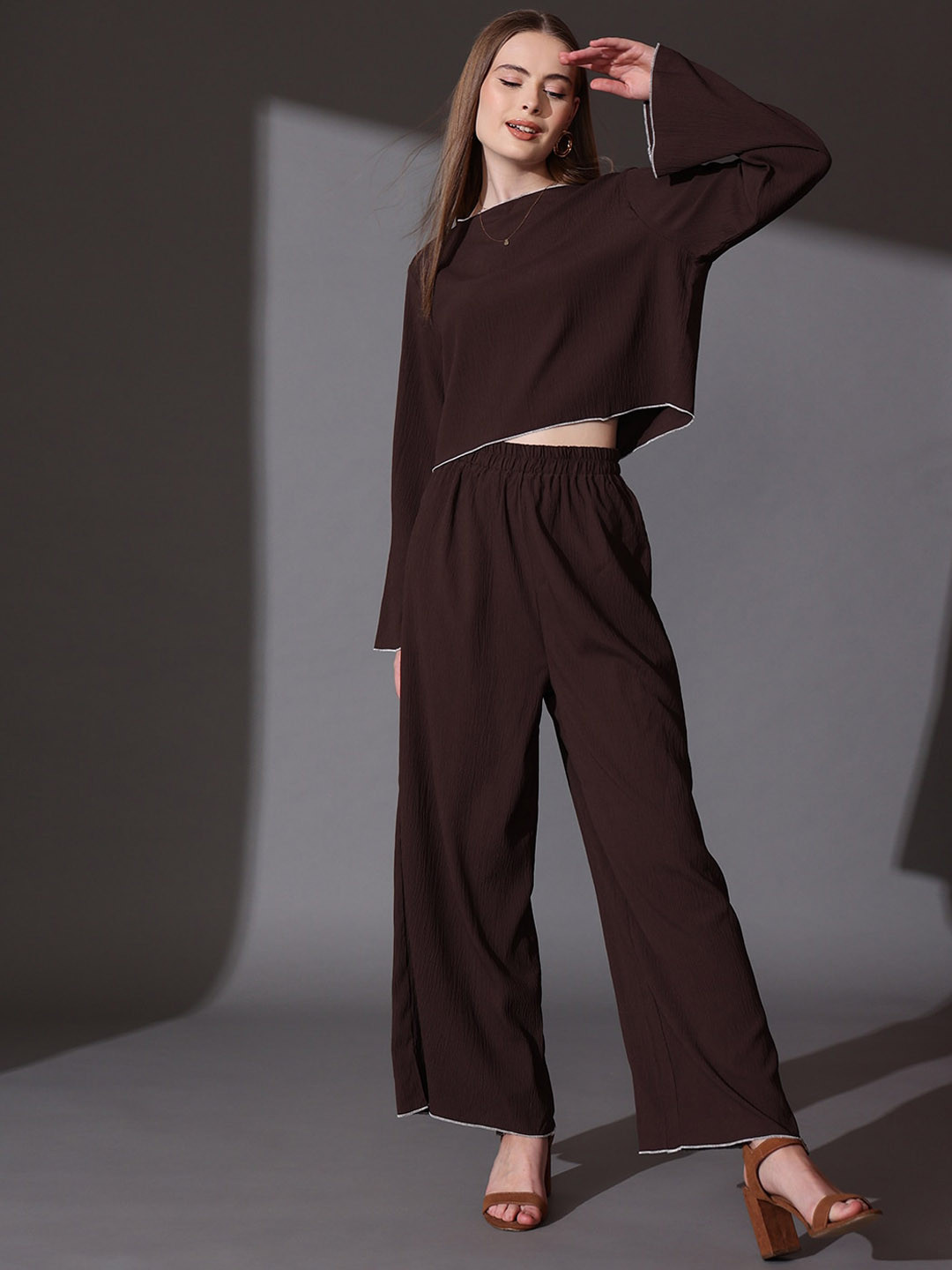 Women Embroidered Round Neck Top With palazzos Co-Ords Set