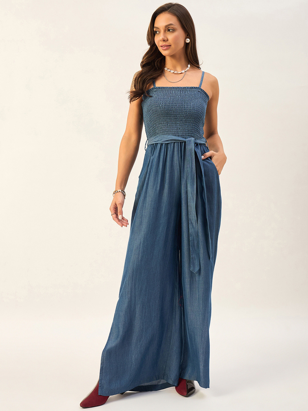 Women Blue Smocking Tube Tencel Jumpsuit