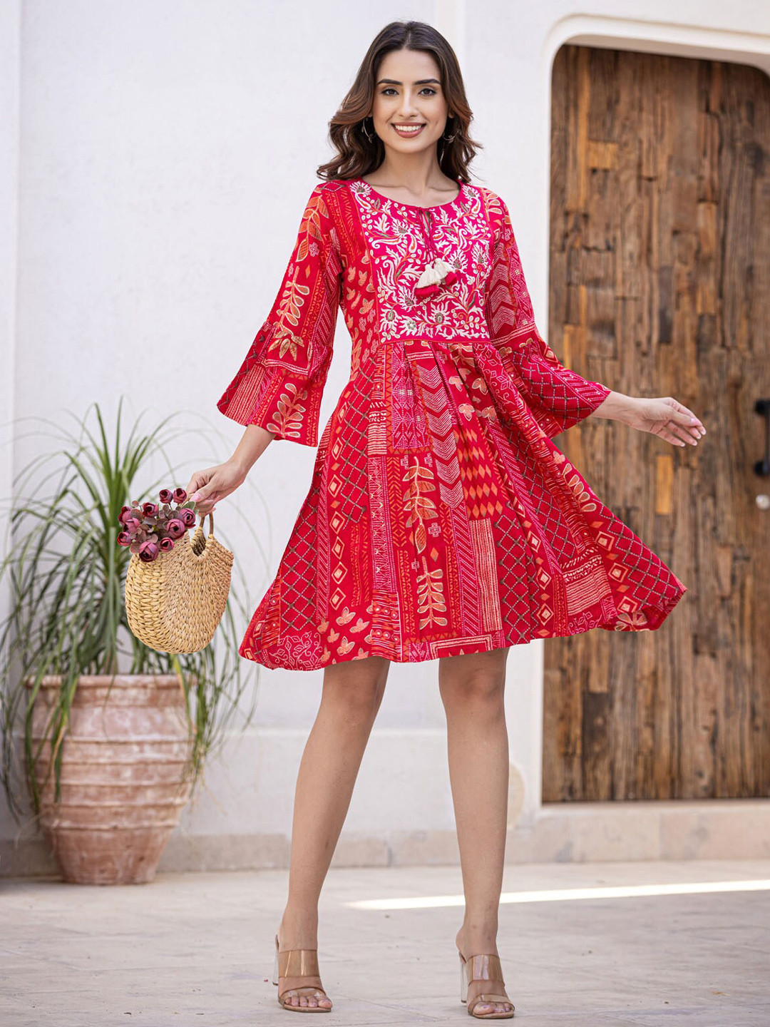 Green Printed Bell Sleeve Fit & Flare Dress main image 0