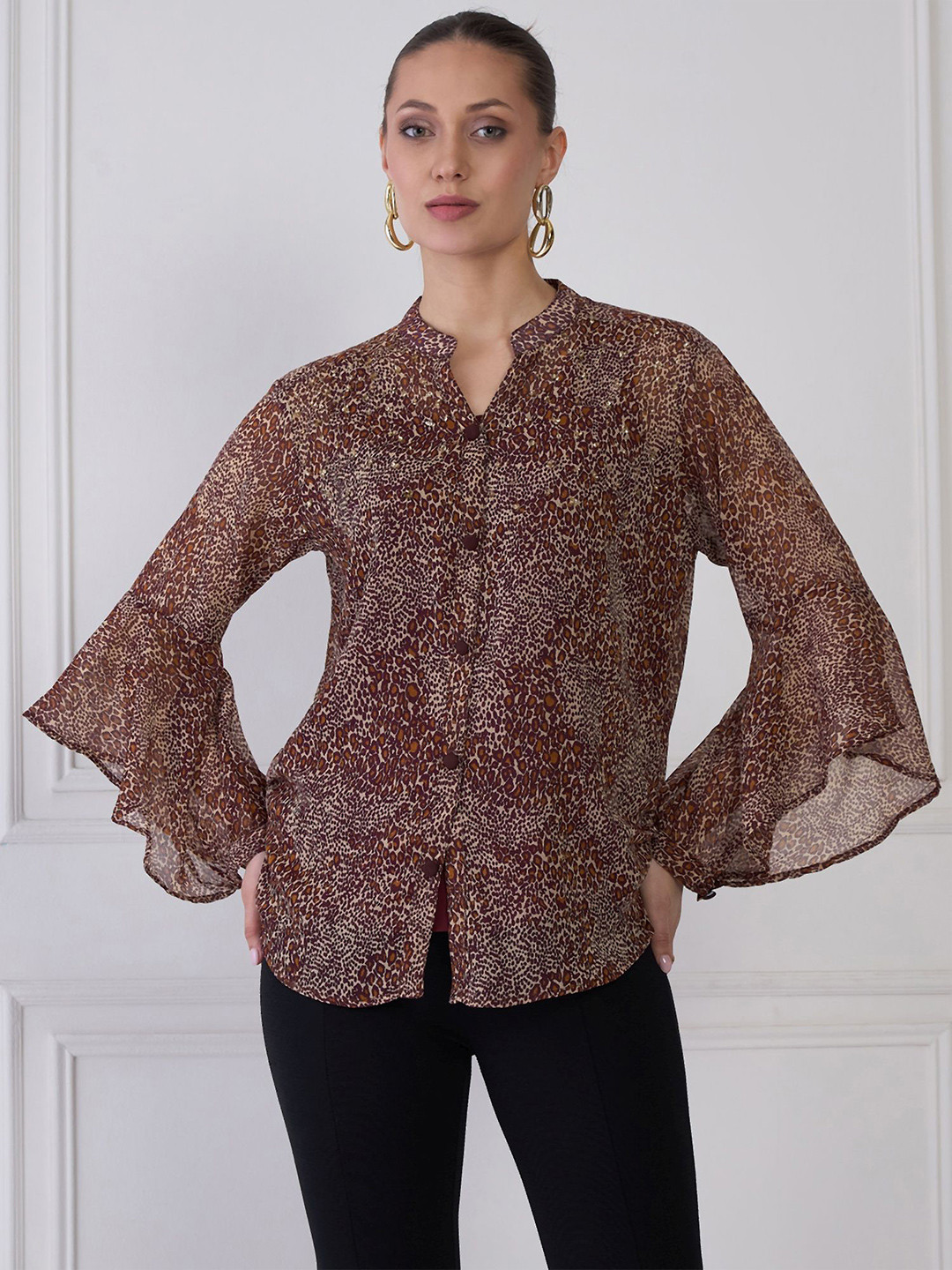Black Geometric Print Mandarin Collar Bell Sleeve Top main image 0