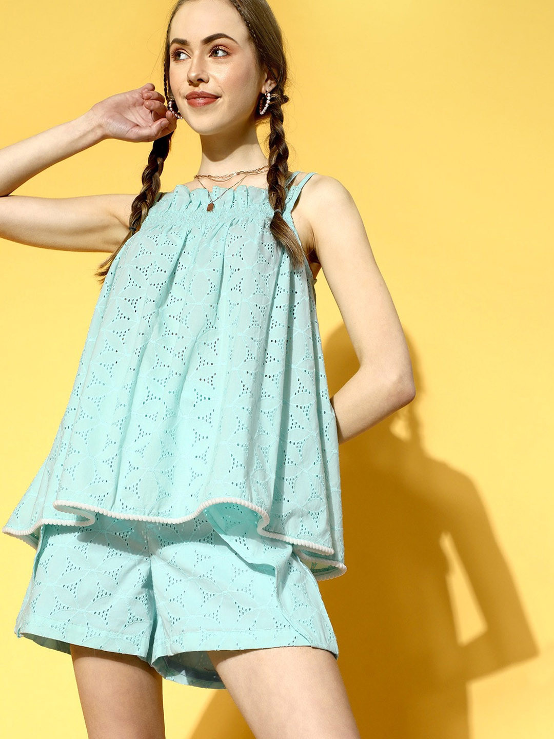 Buy Bebe White Lace Collared Button Up Top & High Waist Shorts Set - Co