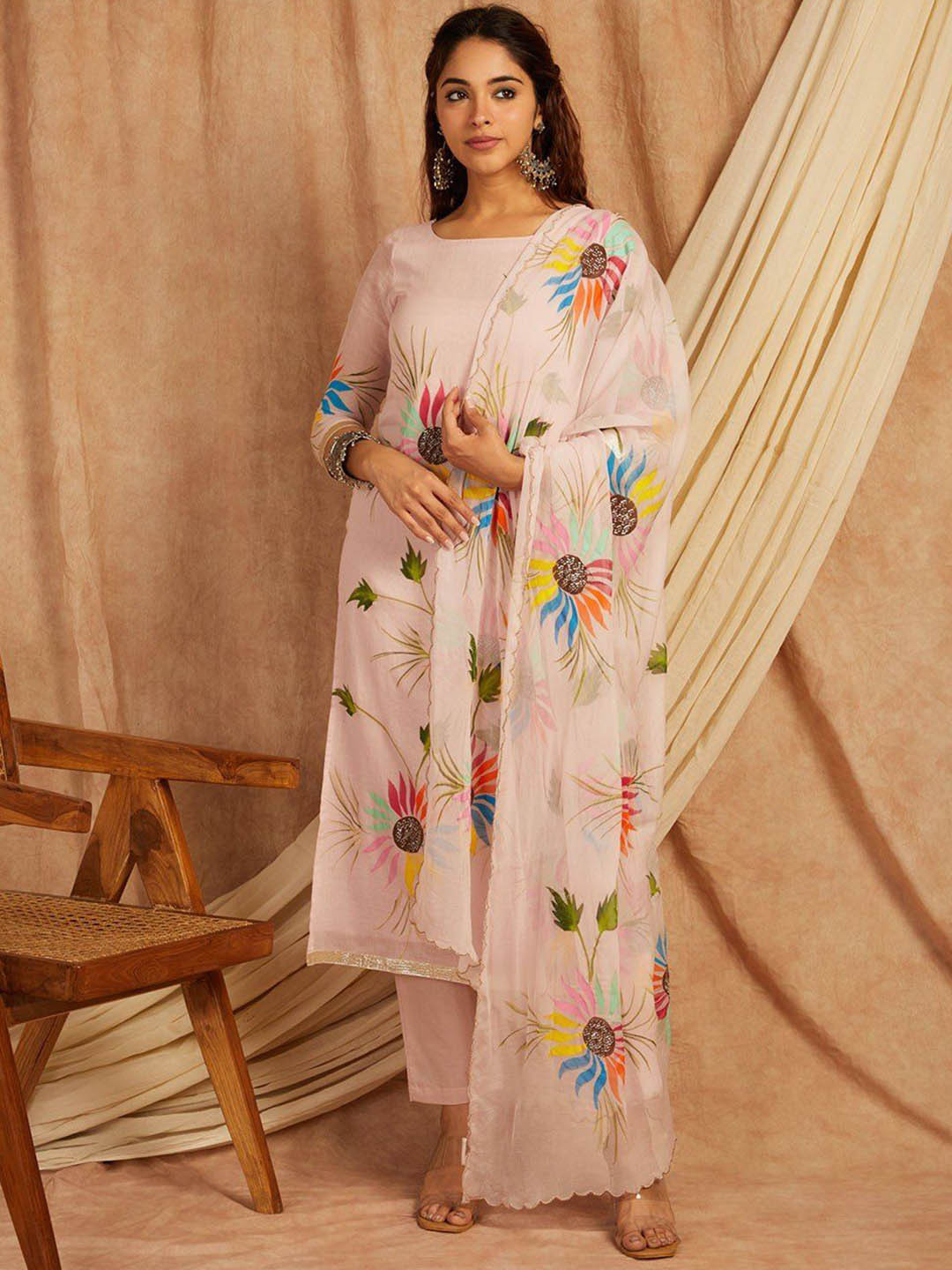 Floral Sequinned Embroidered Round Neck Kurta & Palazzos With Dupatta