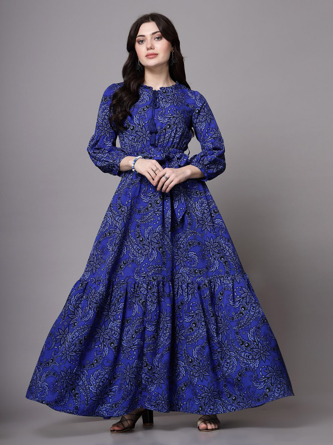 Blue Printed Maxi Dress With Mandarin Collar & Flared Sleeves main image 0