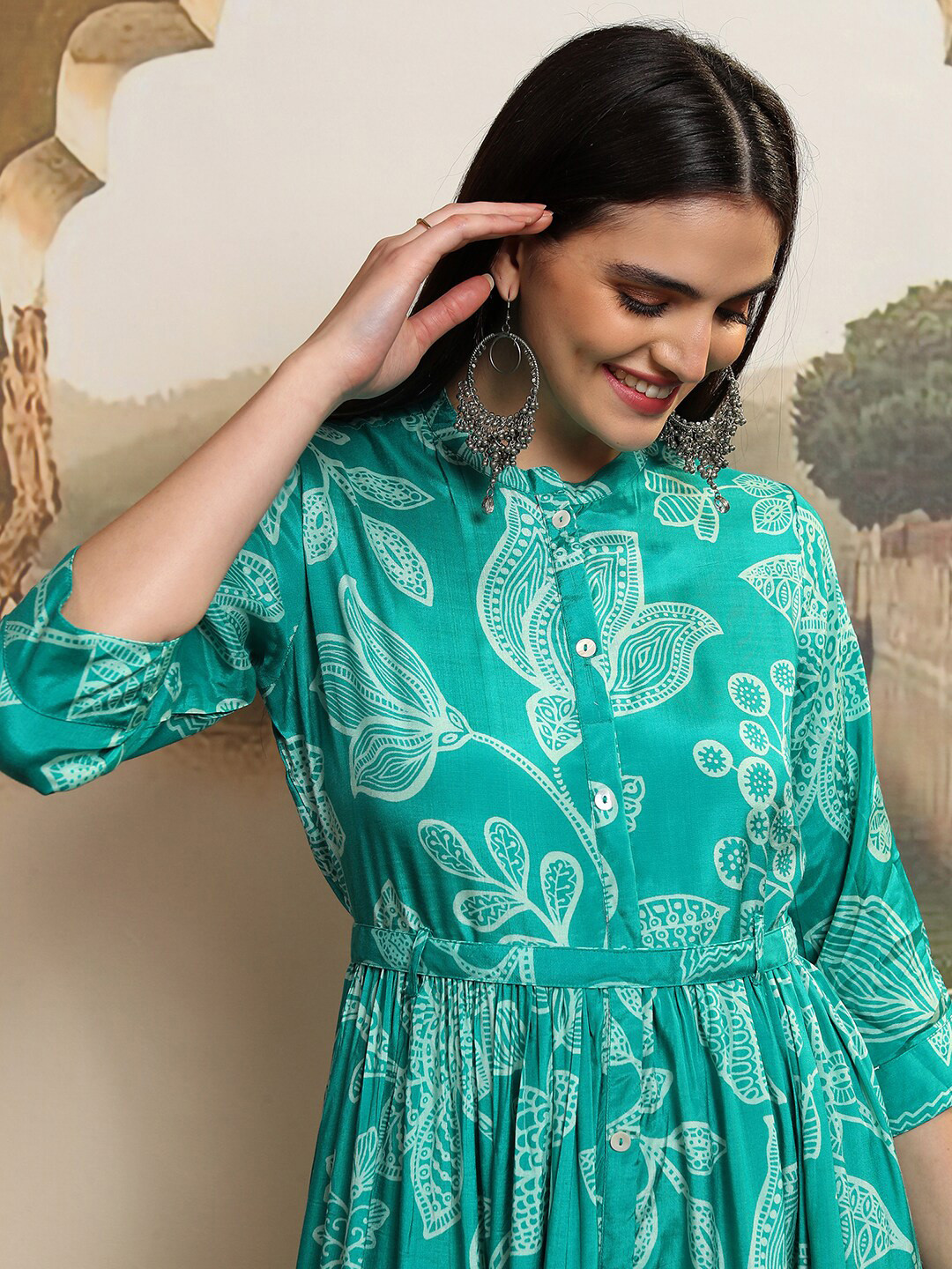 Women White Ethnic Motifs Printed Mandarin Collar Cotton Maxi Dress