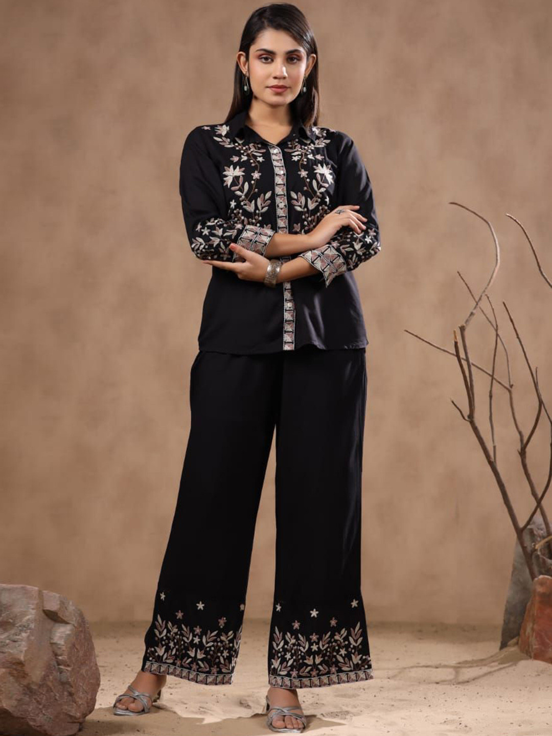 Antheaa Embellished Mandarin Collar Long Sleeve Top With Trouser Co-Ords main image 0