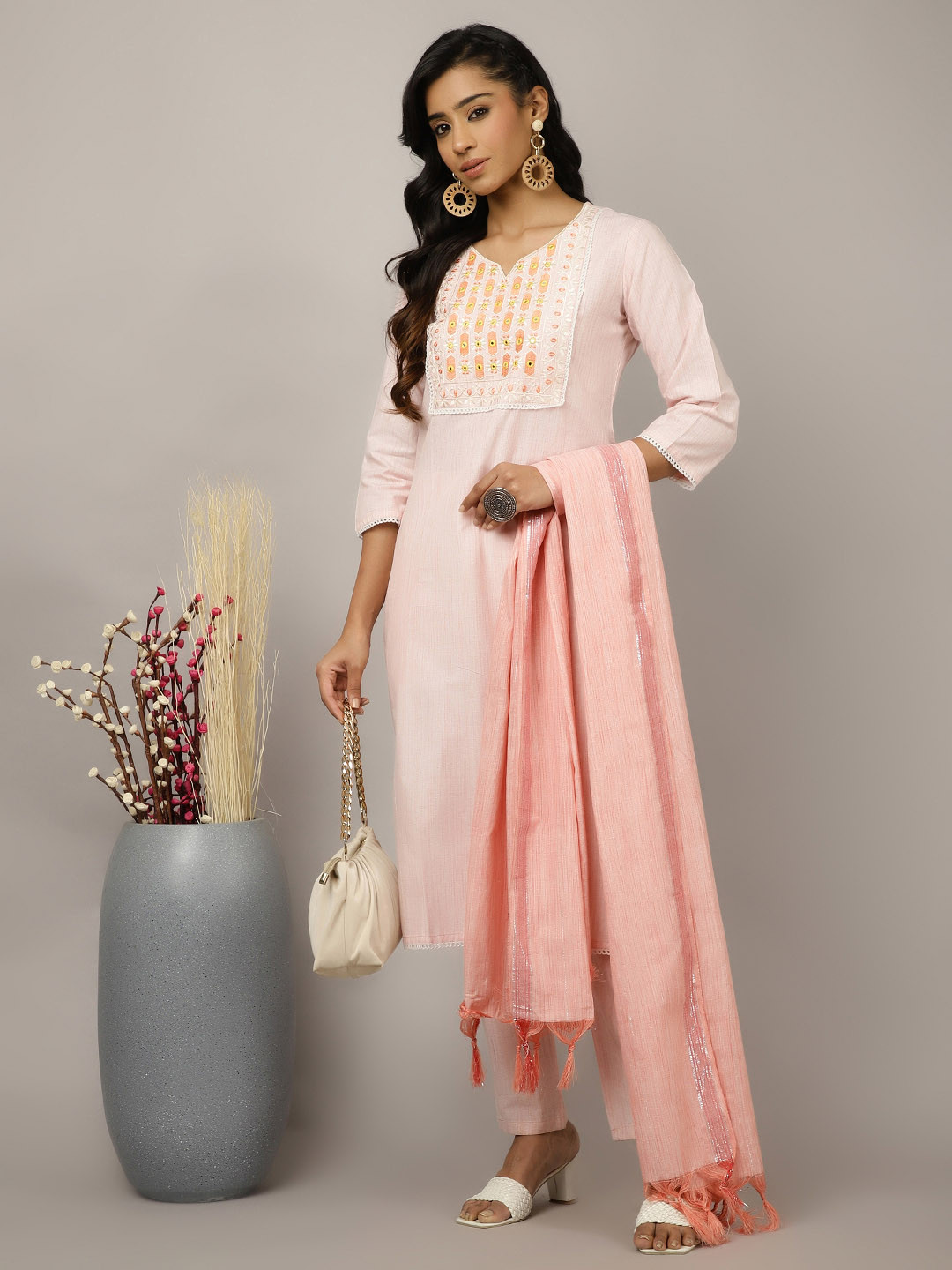 Women Floral Yoke Design Regular Kurta with Dhoti Pants & With Dupatta