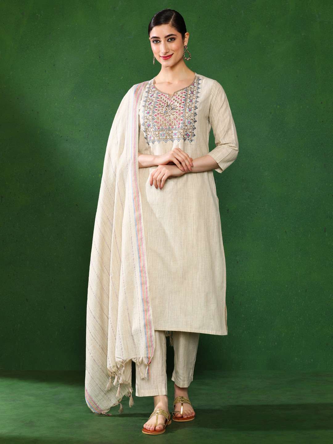 Buy Jaipur Kurti Women Yoke Design Regular Mirror Work Pure Cotton ...