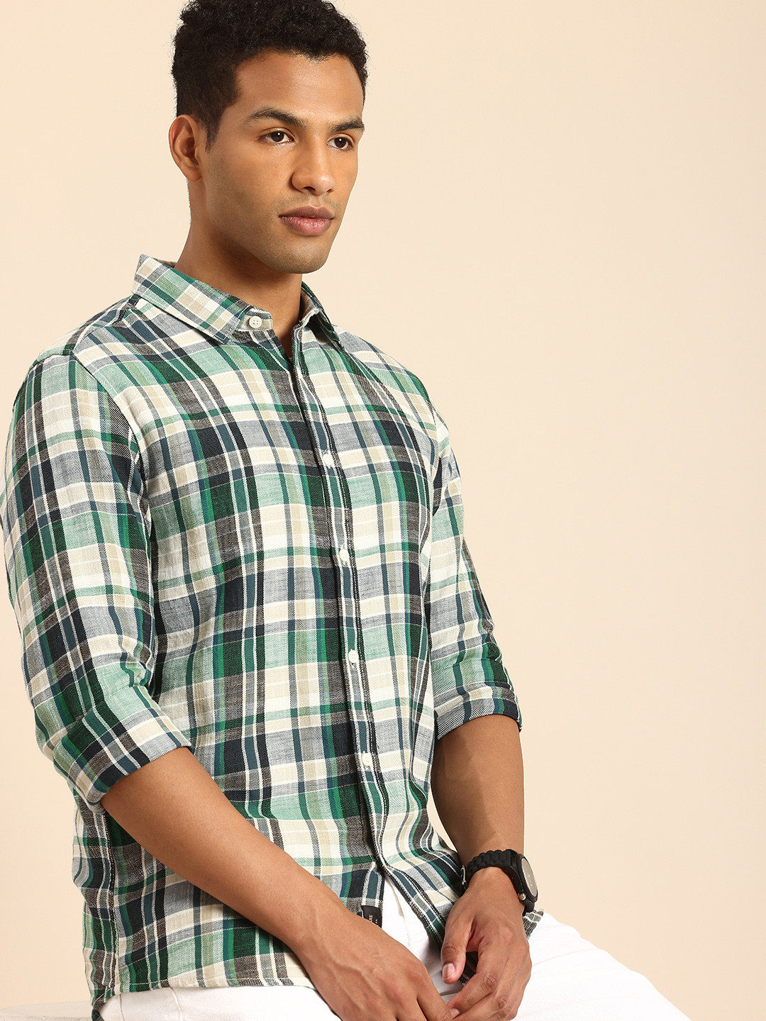 Blue Slim Straight Fit Regular Collar Short Sleeves Cotton Men's Shirt by Being Human Clothing