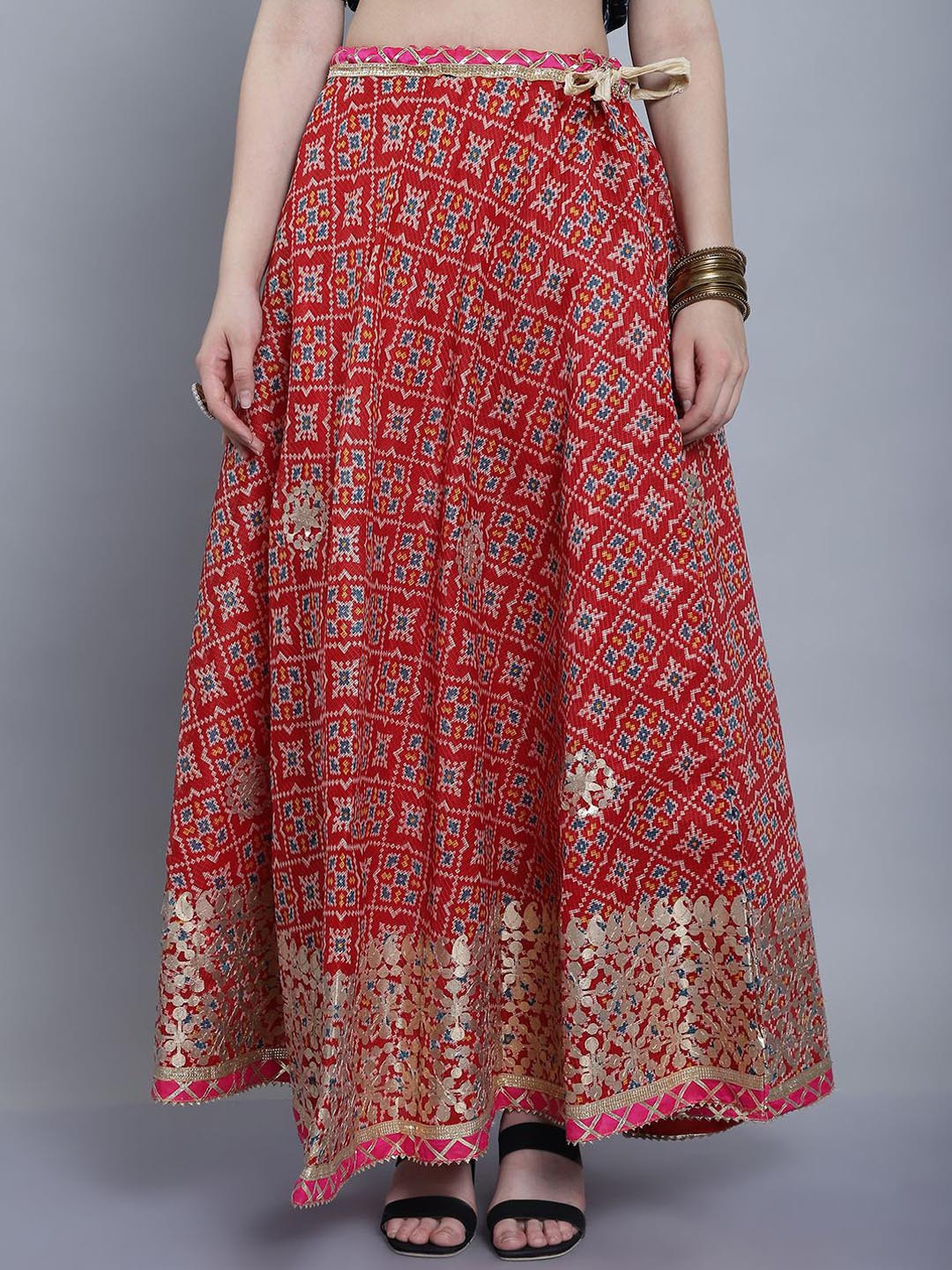 Multi-Coloured Phulkari Printed Tiered Flared Maxi Pure Cotton Skirt main image 0