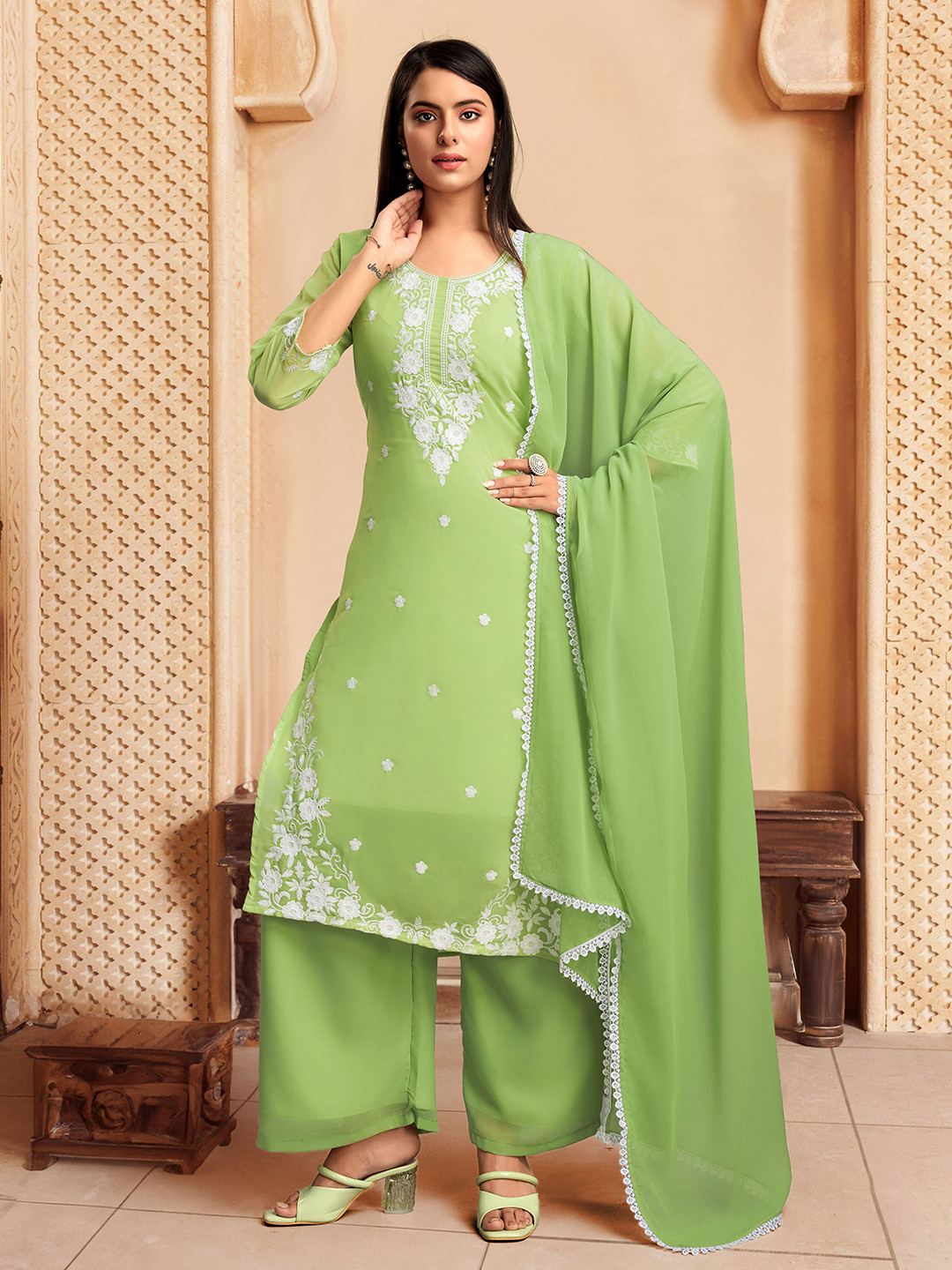 Women Red Embroidered Straight Kurta Palazzos With Dupatta Set main image 1