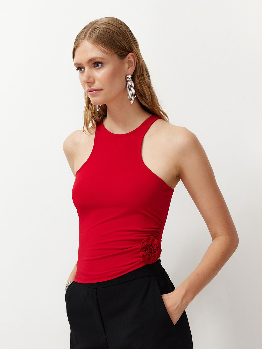 Women's Sea Green Round Neck Fitted Top
