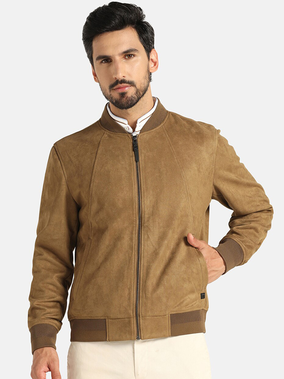 Men's Olive Mandarin Collar Bomber Button Up Jacket with Utility Pockets