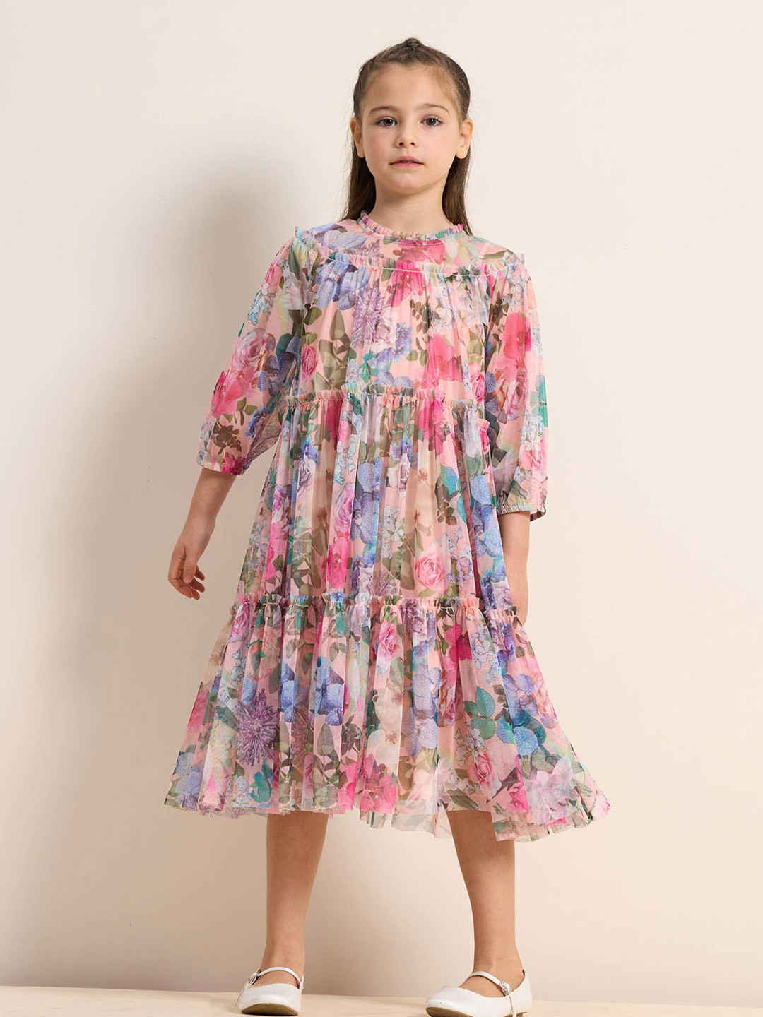 Girls Magenta Stripes A-line Dress With Puff Sleeves main image 1
