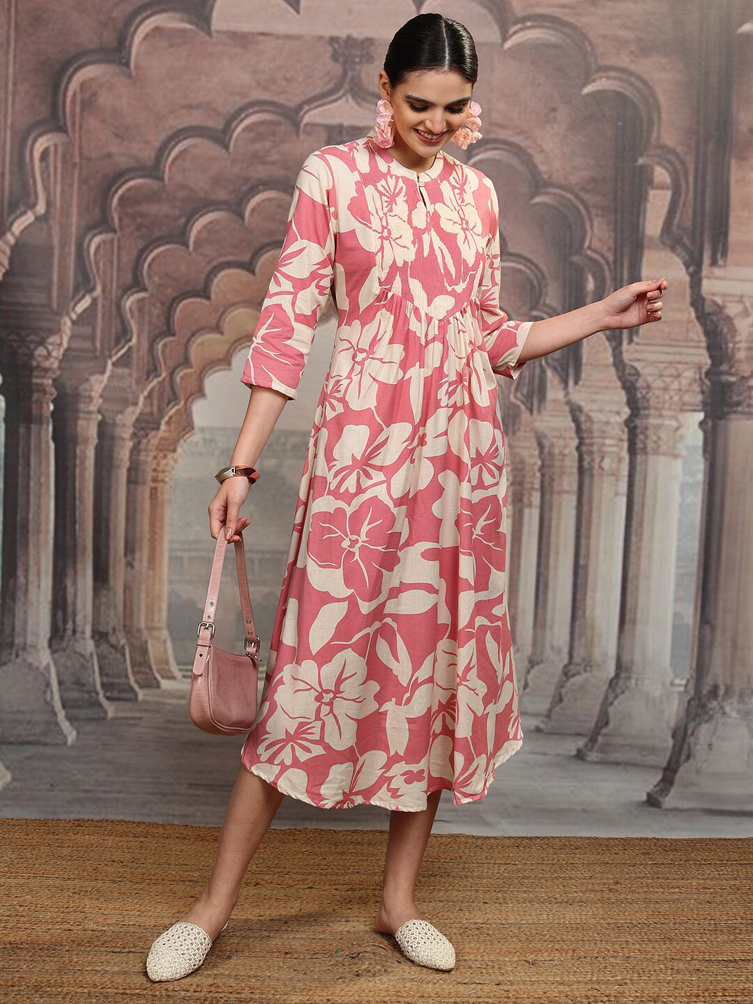 Women Brown Ethnic Motifs Printed Mandarin Collar Cotton Maxi Dress