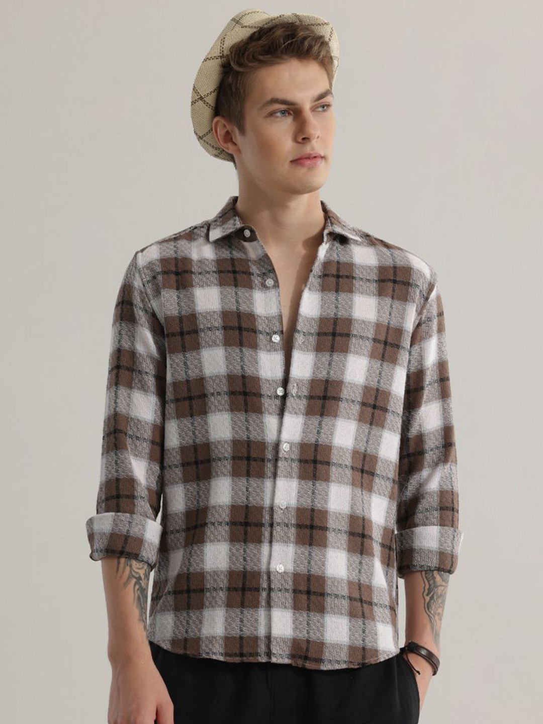 Men's Black Comfort Slim Fit Tartan Check Cotton Casual Shirt