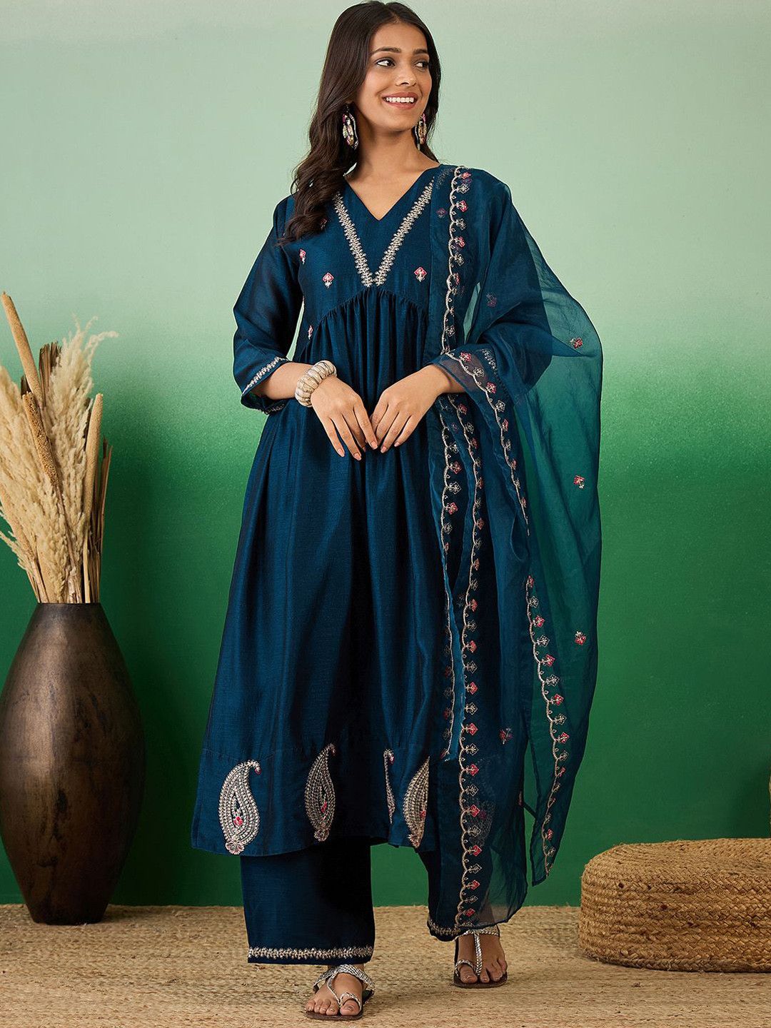 Women Embroidered Kurta, Palazzo & Dupatta Set main image 1