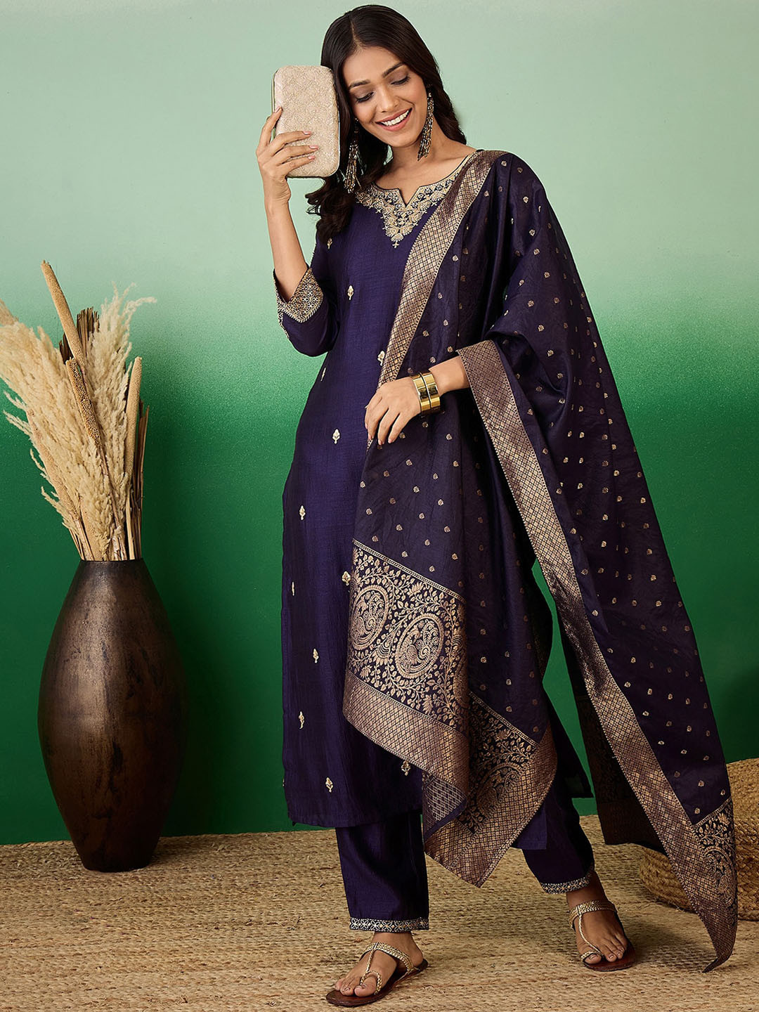 Floral Embroidered Notch Neck Zari Anarkali Kurta With Dhoti Pants & Dupatta