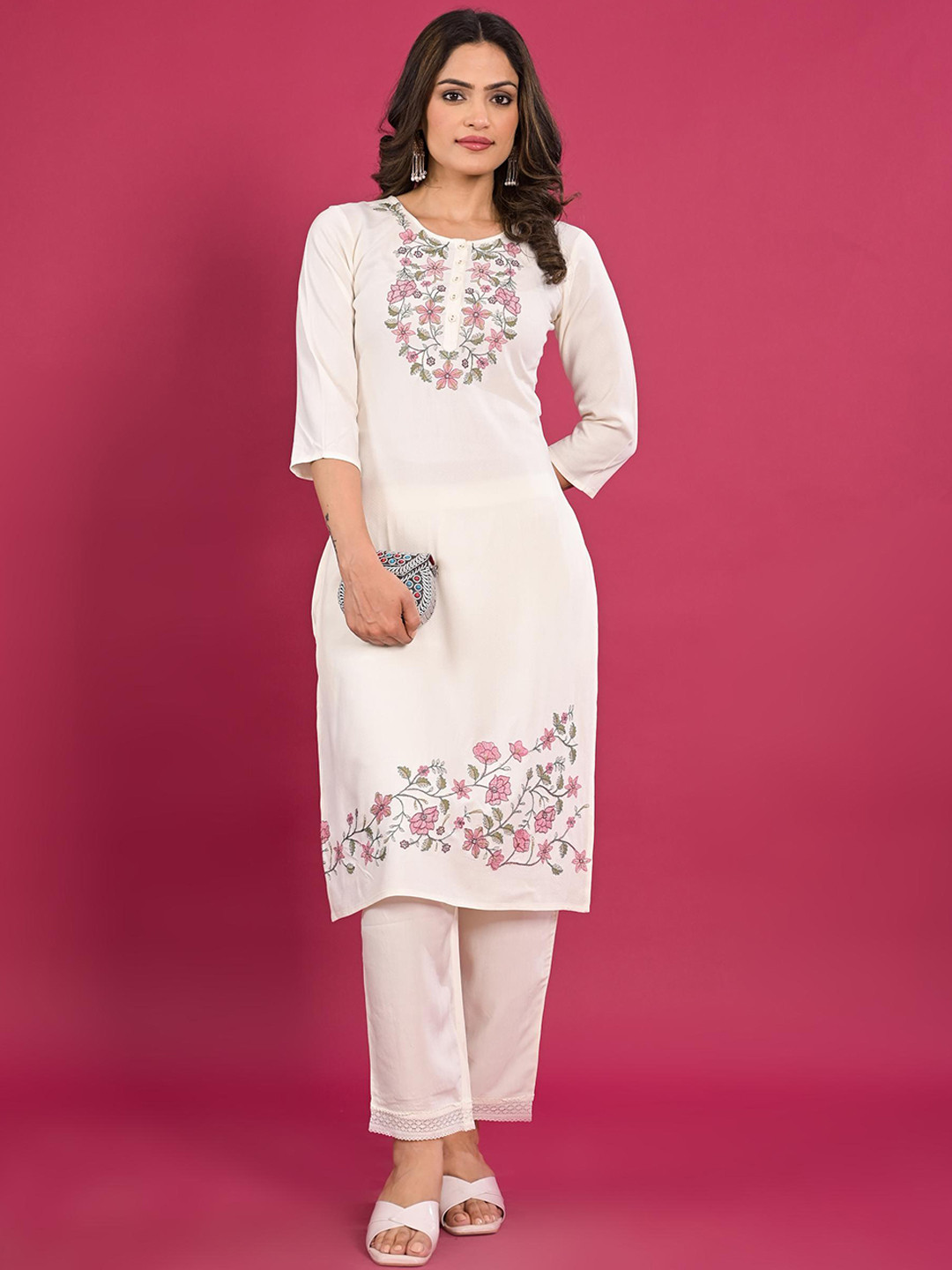 Ecru Floral Printed Thread Embroidered Rayon Flax Straight Kurta and Jegging Set