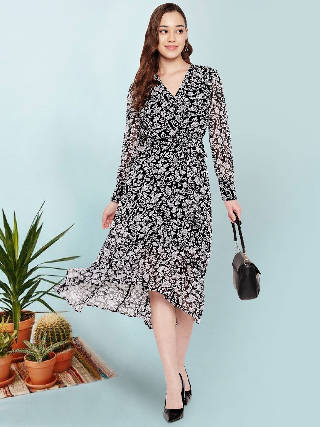 Buy Martini Animal Printed V Neck Ruffled Georgette Midi Wrap Dress ...
