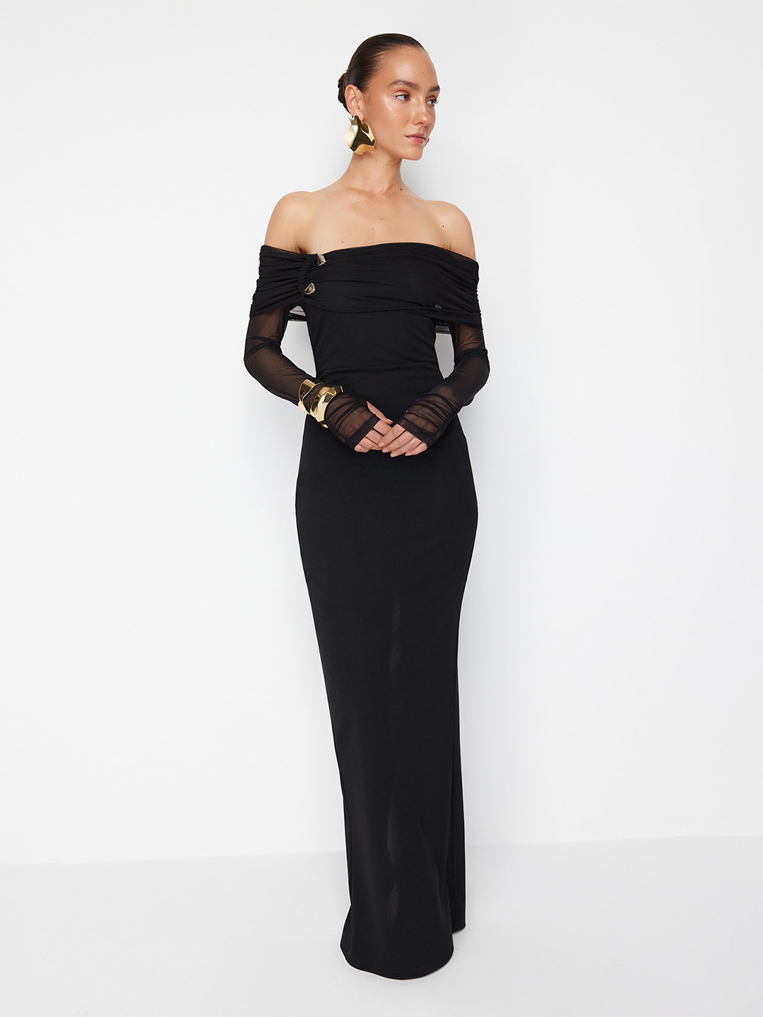 Off-Shoulder Sheer Panel Maxi Dress with Ruched Bodice - Black main image 1