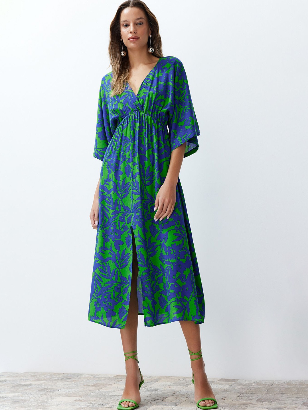 Buy Trendyol V Neck Floral Print Flared Sleeve Fit & Flare Midi Dress ...