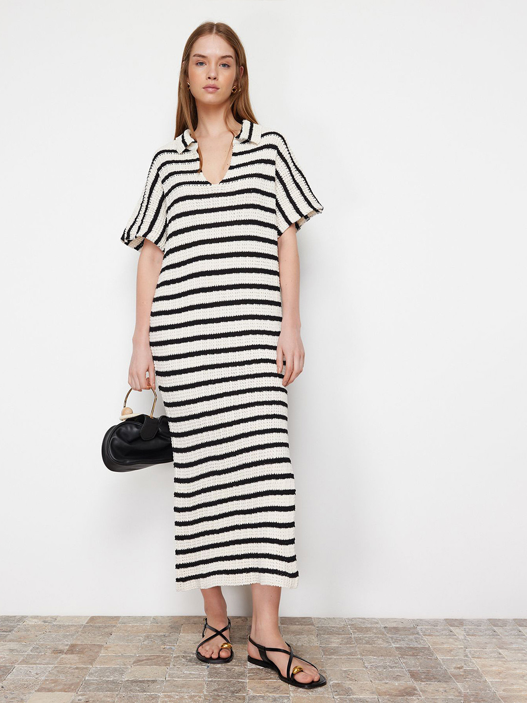 Stripe Scallop Trim Shirt Collar Maxi Dress