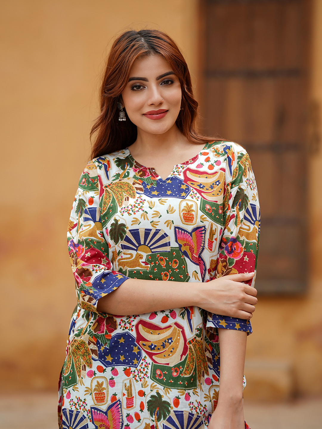 Women Printed Round Neck Pure Muslin Tunic & Palazzos Co-Ord Set