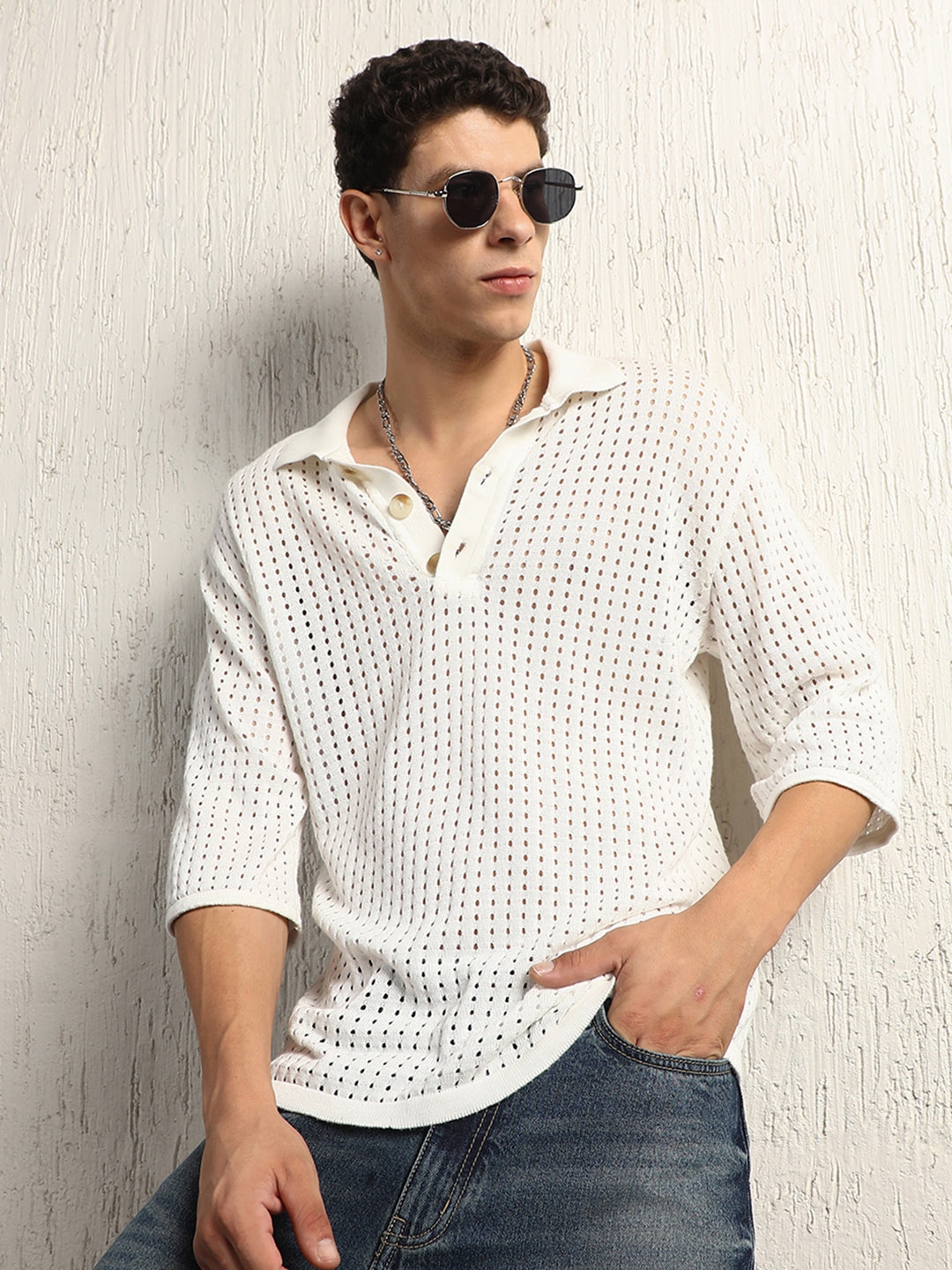 Buy Hubberholme Relaxed Fit Semi Sheer Cotton Casual Polo Collar T ...
