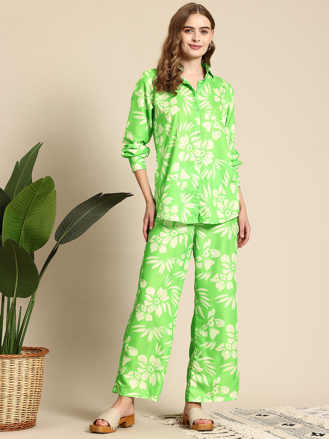 Mustard Shirt With Printed Palazzos Women Co-Ord Set