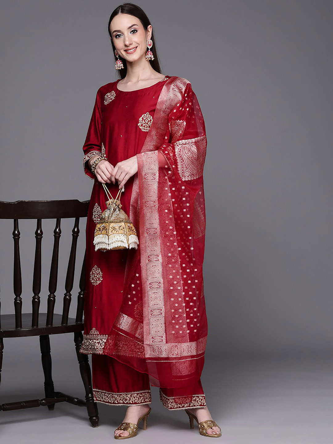 Red Embroidered Straight Liva Kurta Sets With Dupatta