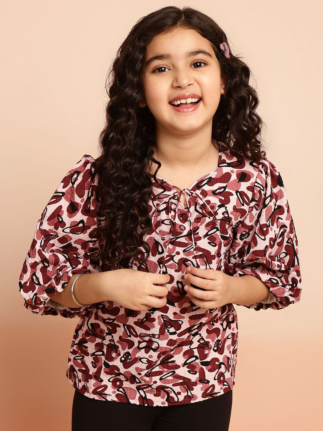 Girls Abstract Printed V-Neck Flared Sleeves Tie-Up Satin Fit Flare Dress