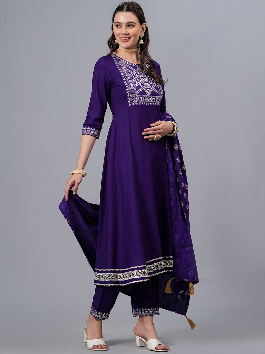 Buy NEW4U Embroidered Sequinned Anarkali Kurta & Trousers With Dupatta ...