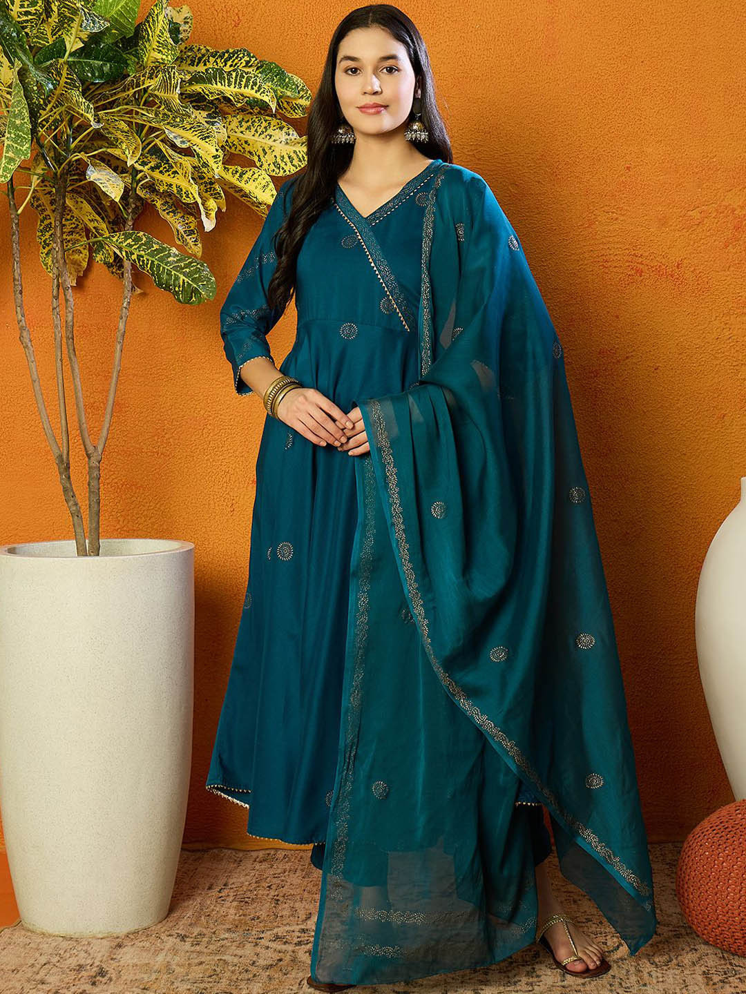 Ethnic Motifs Angrakha Kurta with Trousers & Dupatta Set