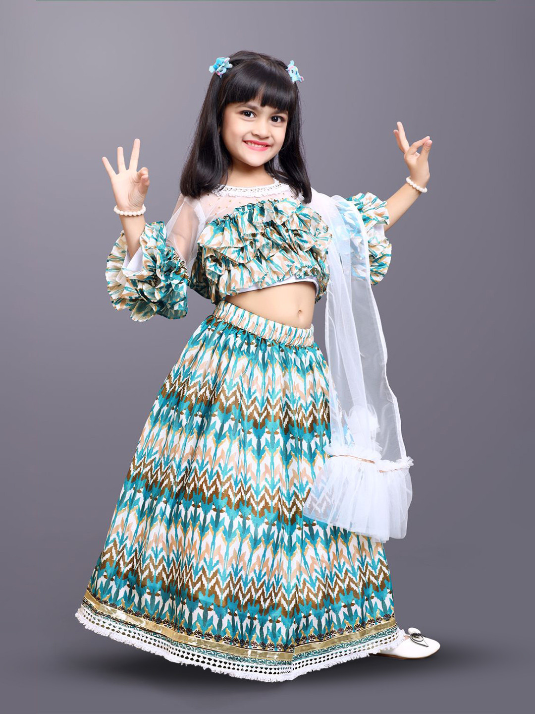 Girls Fuchsia & Mustard Solid Ready To Wear Lehenga & Blouse With Dupatta main image 0
