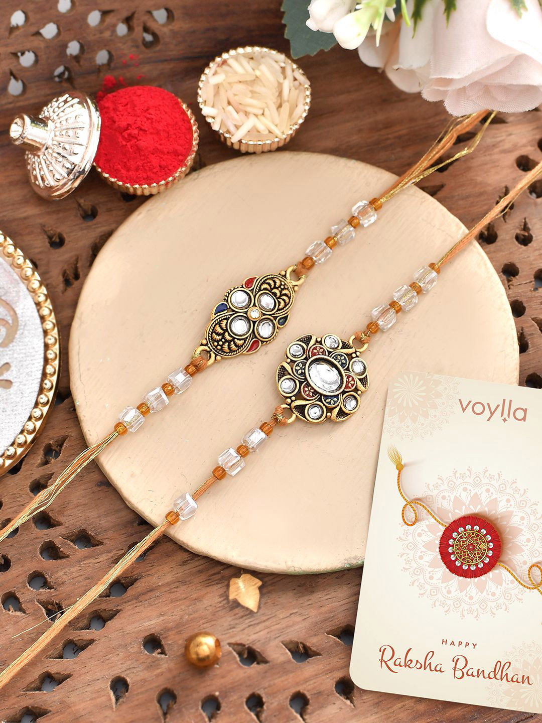 VOYLLA Faux Pearls & Embellished Thread Rakhi For Brother – Traditional Indian Raksha Bandhan Bracelet