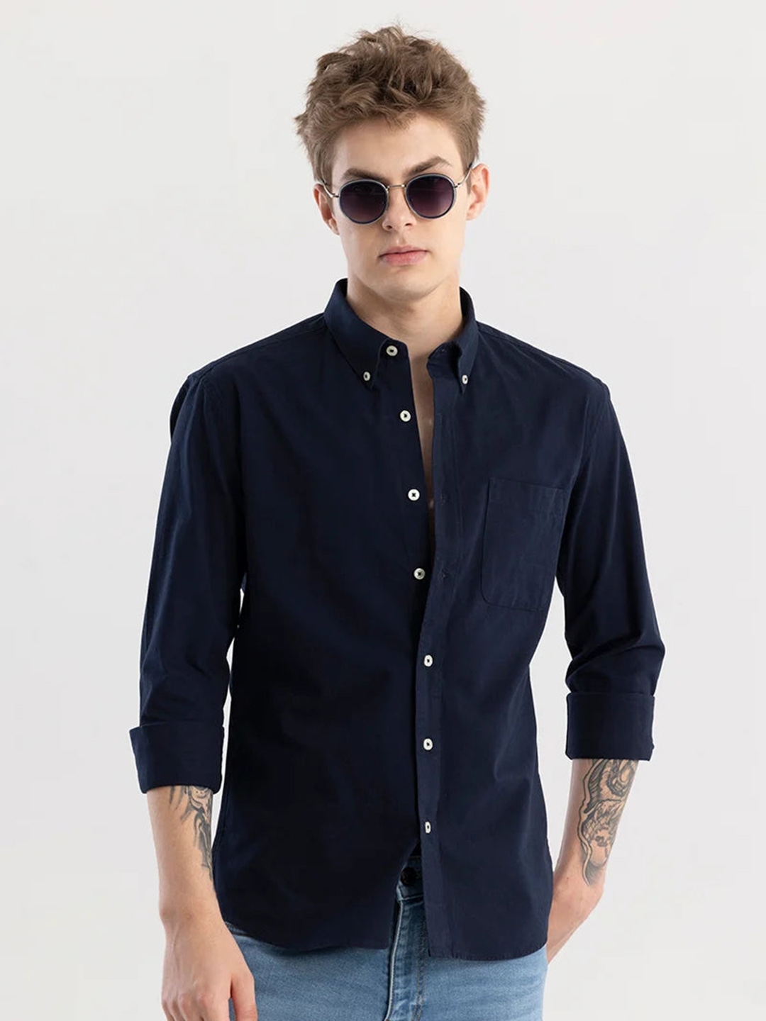 Buy Snitch Navy Blue Straight Slim Fit Button Down Collar Pure Cotton ...