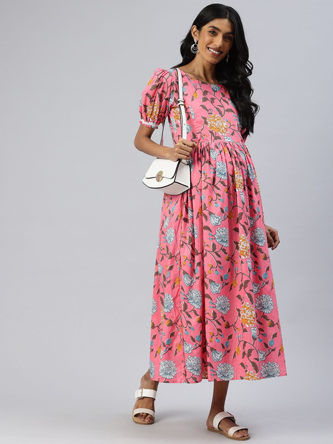 Buy Swishchick Floral Printed Puff Sleeve Maternity Maxi Dress ...